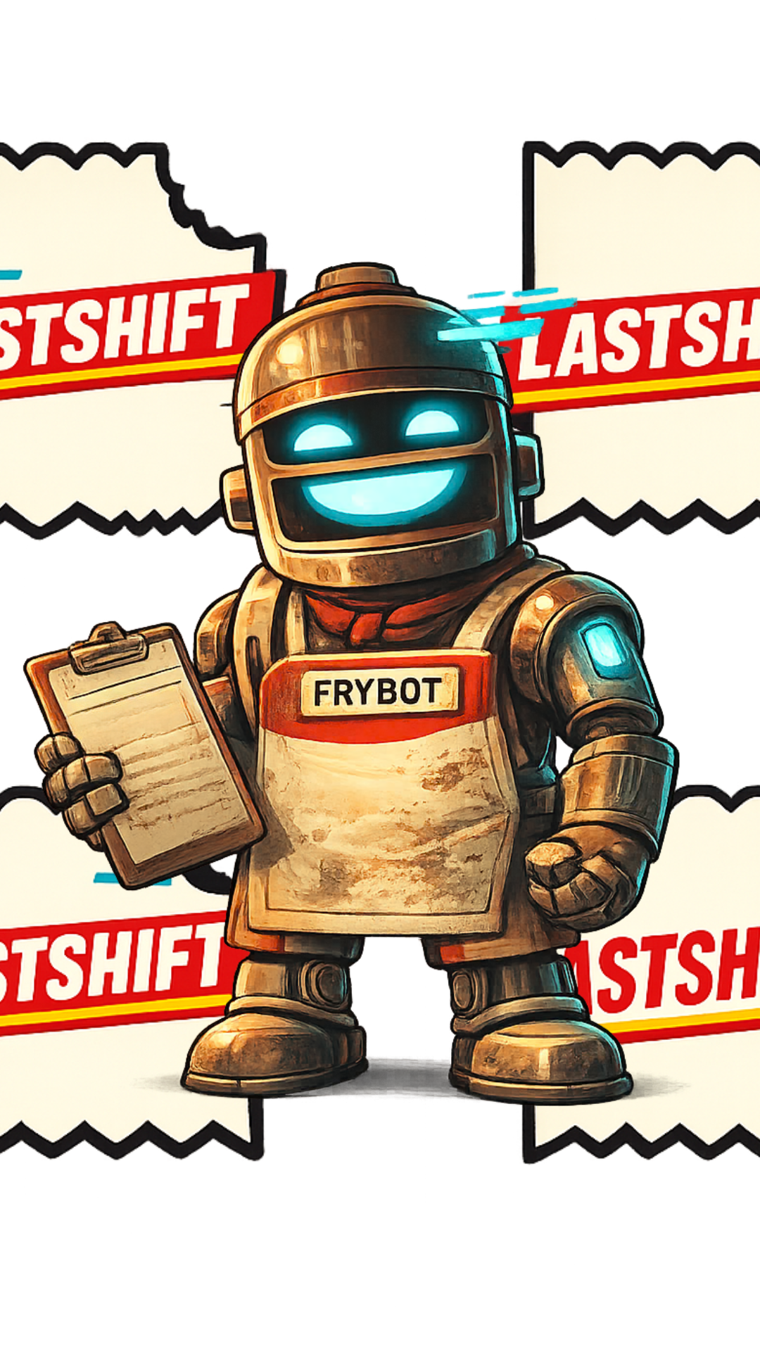 Cartoon robot named Frybot holding a clipboard, smiling, with a background featuring the text 'LASTSHIFT' in bold red and white letters.