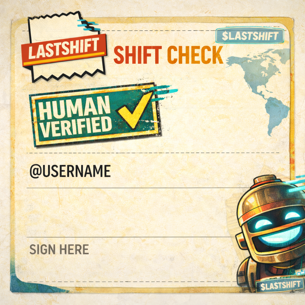 A sign indicating a shift check with a human verified status, featuring a cartoon robot mascot, a world map, and the LastShift logo.