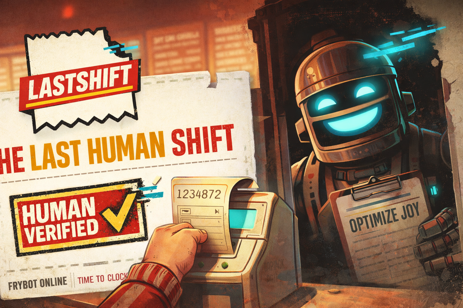 A robot smiling with glowing blue eyes holding a sign that says 'Optimize Joy'. A human hand is using a ticket scanner with numbers '1234872'. A poster announces 'The Last Human Shift' with a large red checked label that says 'Human Verified'.