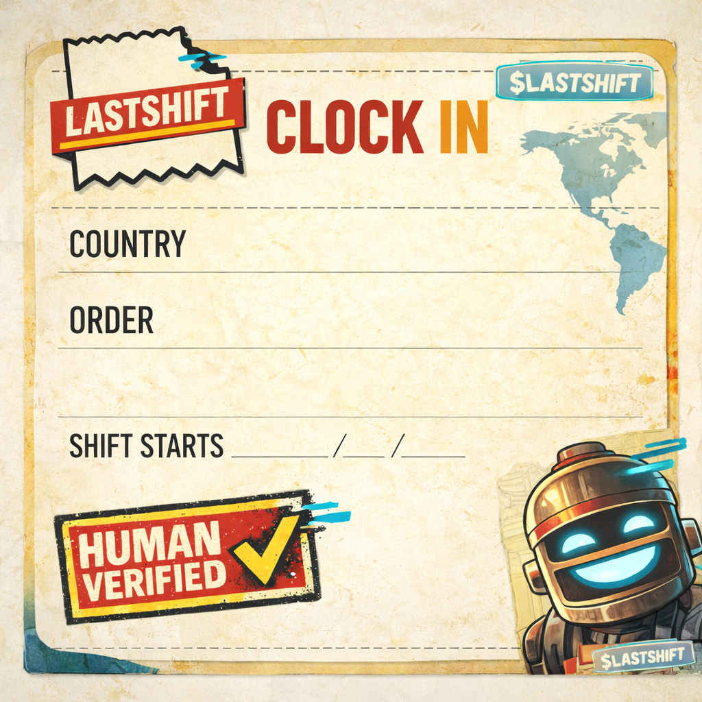 A digital check-in form with the title 'Clock In' and options for specifying country, order, and shift start date, featuring a robot character with a happy face and the words 'Human Verified' with a checkmark.