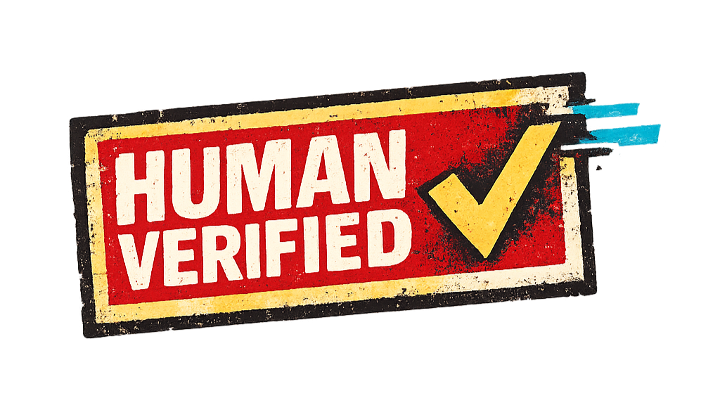 A sticker with a red background, yellow border, and yellow checkmark, stating "HUMAN VERIFIED" in white uppercase letters.
