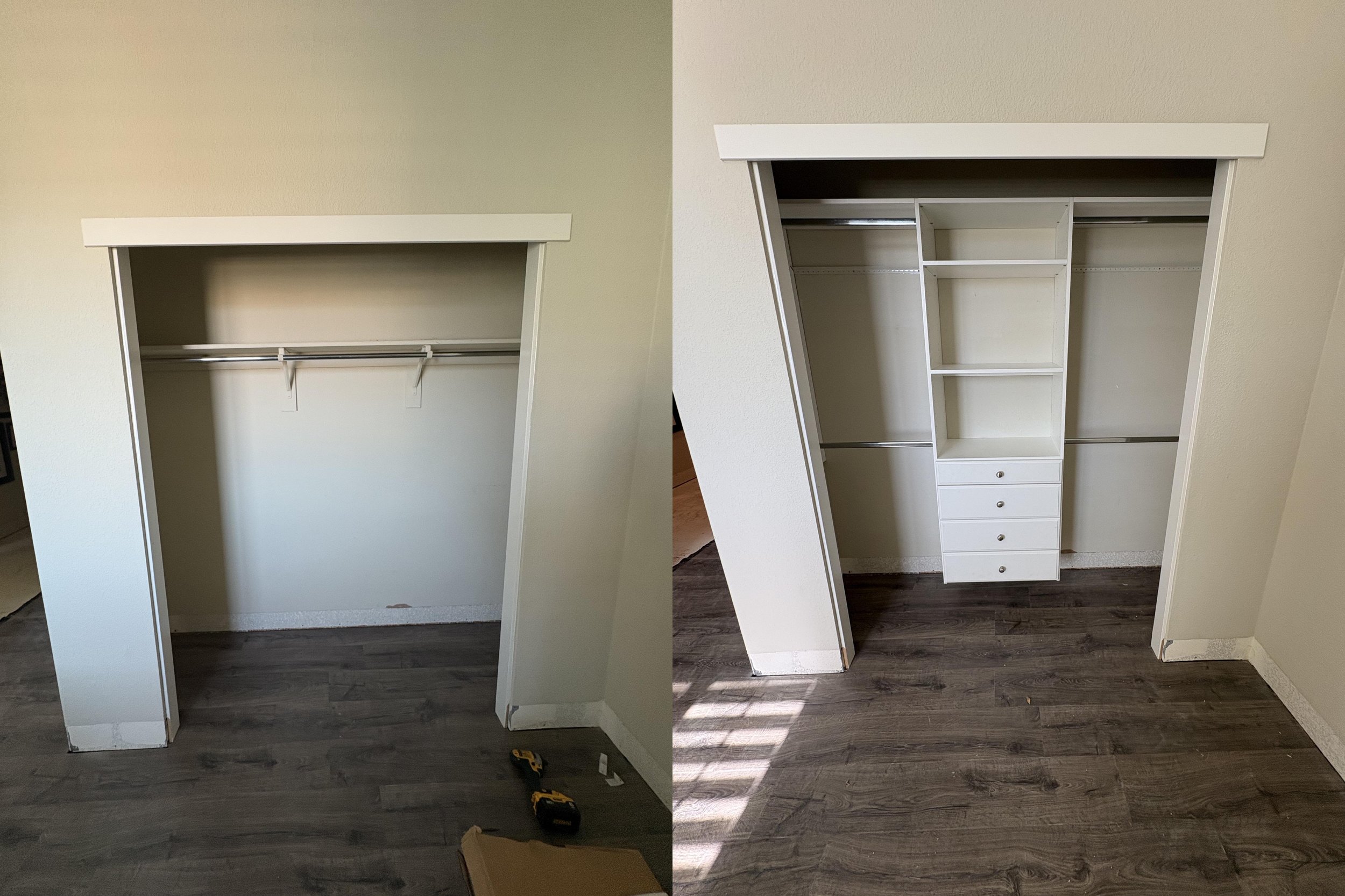 Custom closet upgrade featuring added shelving, drawer and dual hanging rods for improved storage and organization. Clean modern finish designed to maximize space and functionality.