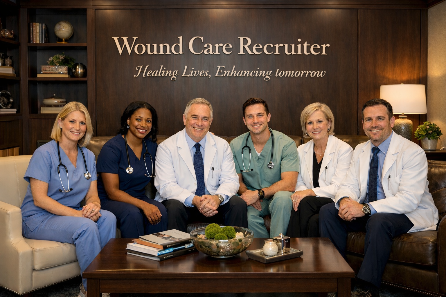 Group of six healthcare professionals, including doctors and nurses, sitting on couches in a medical office with a sign that says 'Wound Care Recruiter' and the tagline 'Healing Lives, Enhancing Tomorrow' behind them.