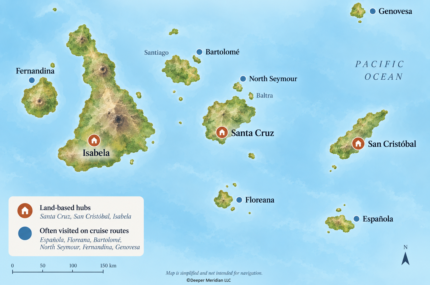 Simple tourist map of Galápagos Islands Santa Cruz, San Cristóbal and Isabela as land-based hubs, with Fernandina, Genovesa, Floreana, Española, Bartolomé and North Seymour marked as common cruise-route islands.