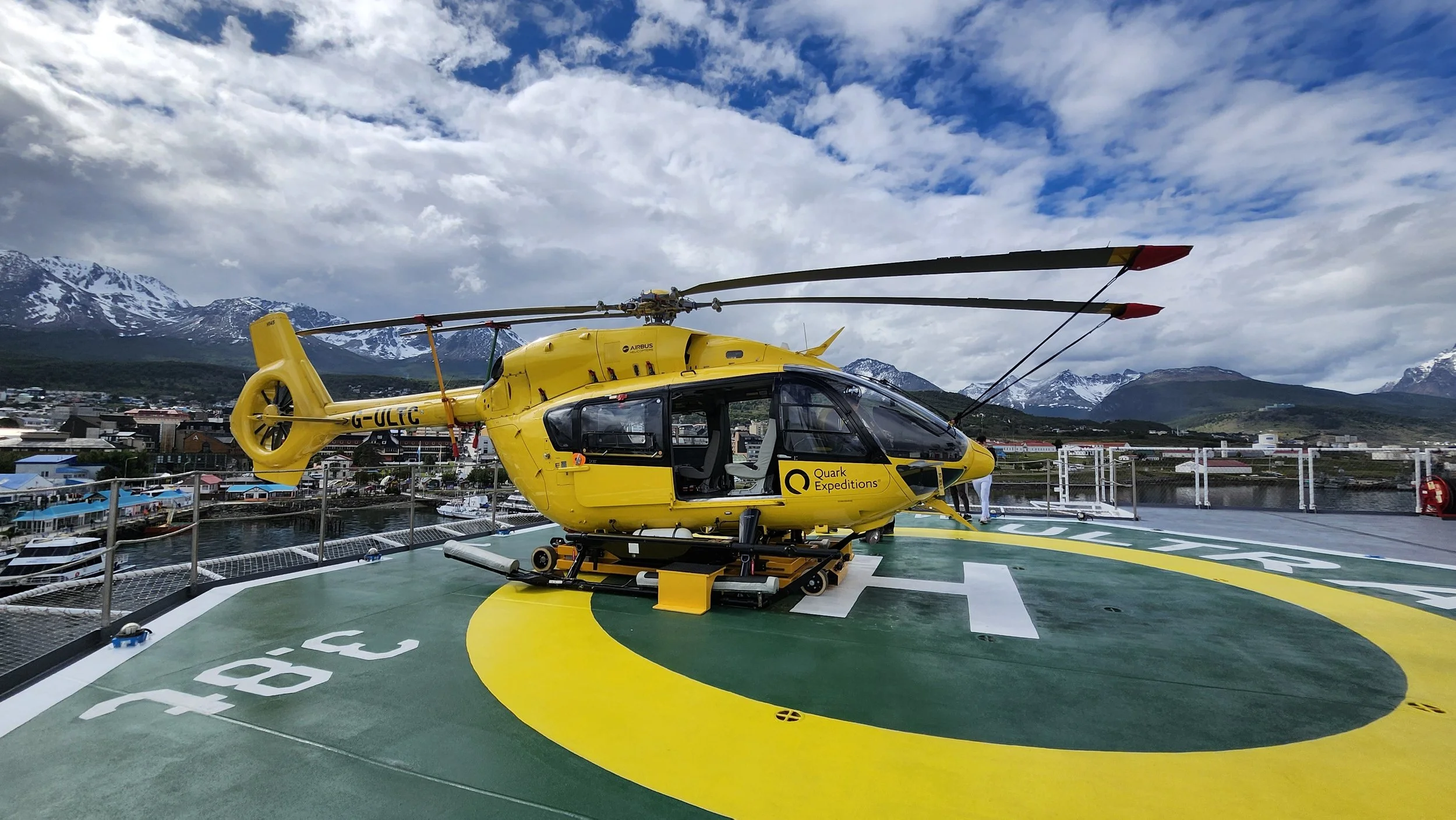 One of Quark's twin helicopters aboard the Ultramarine, on deck, in Ushuaia.