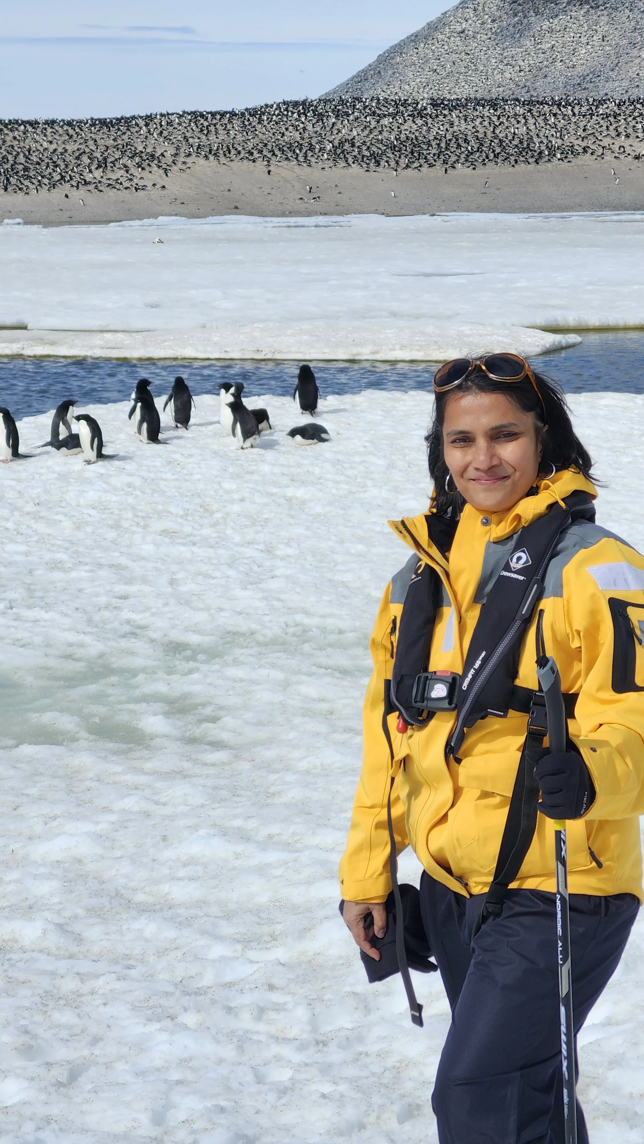 Woman in a yellow waterproof jacket holding ski poles on snow and ice, with penguins in the background on ice and water, and a rocky hill with birds in the distant background.