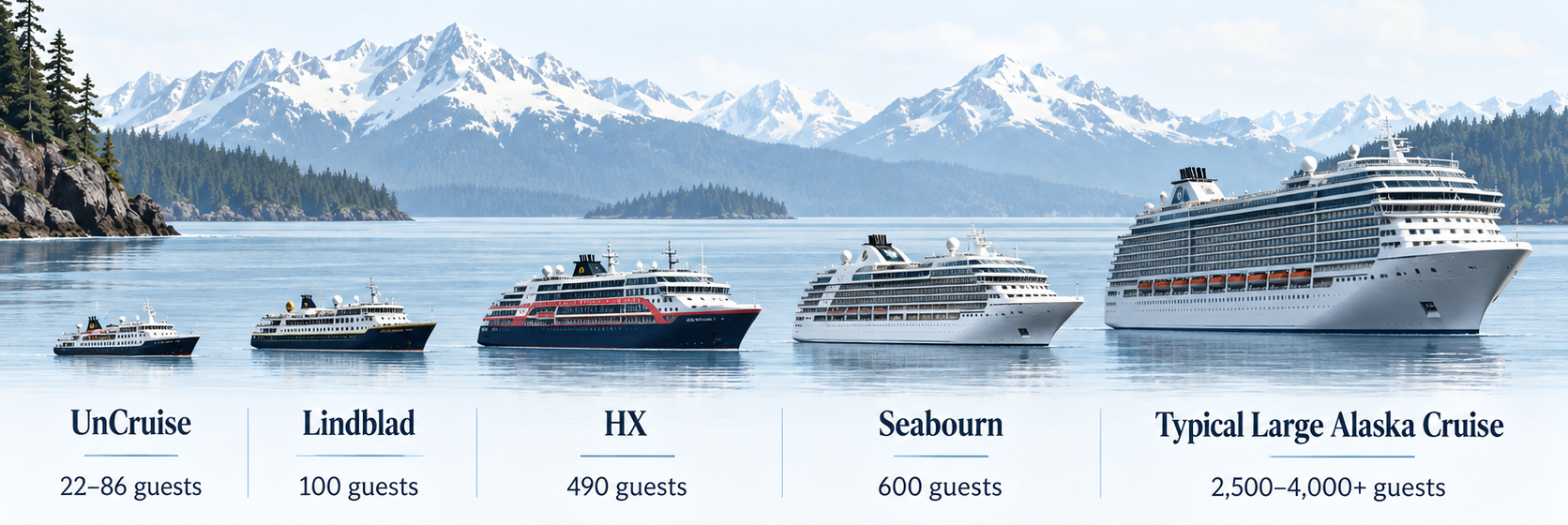 Comparison of Alaska cruise ship guest capacities: UnCruise 22–86 guests, Lindblad 100, HX about 490, Seabourn 600, and large Alaska cruise ships with several thousand passengers