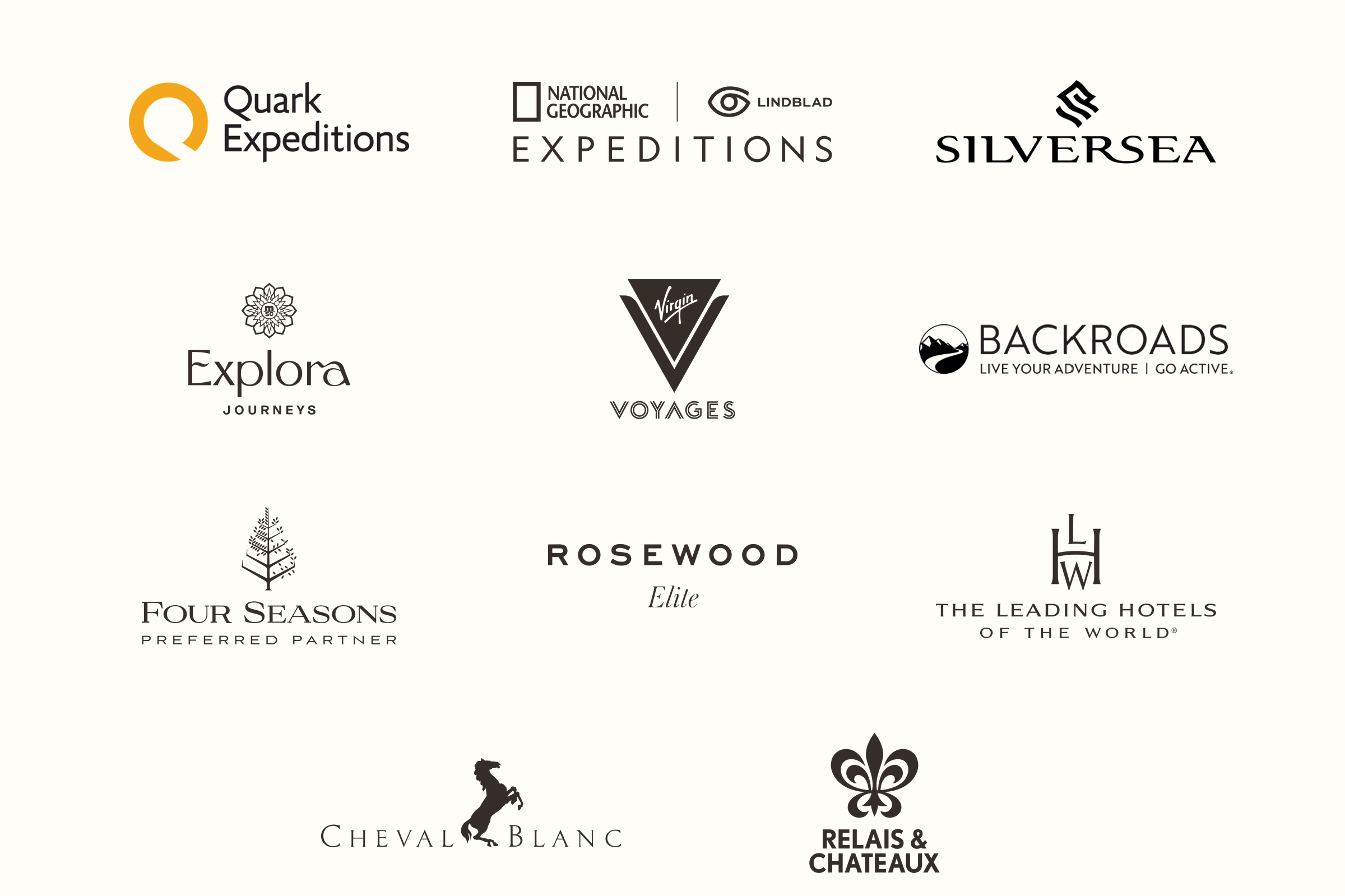 Logos of luxury hotel, cruise line, and travel partner brands available through Best.Trip.Ever.'s Fora Reserve network