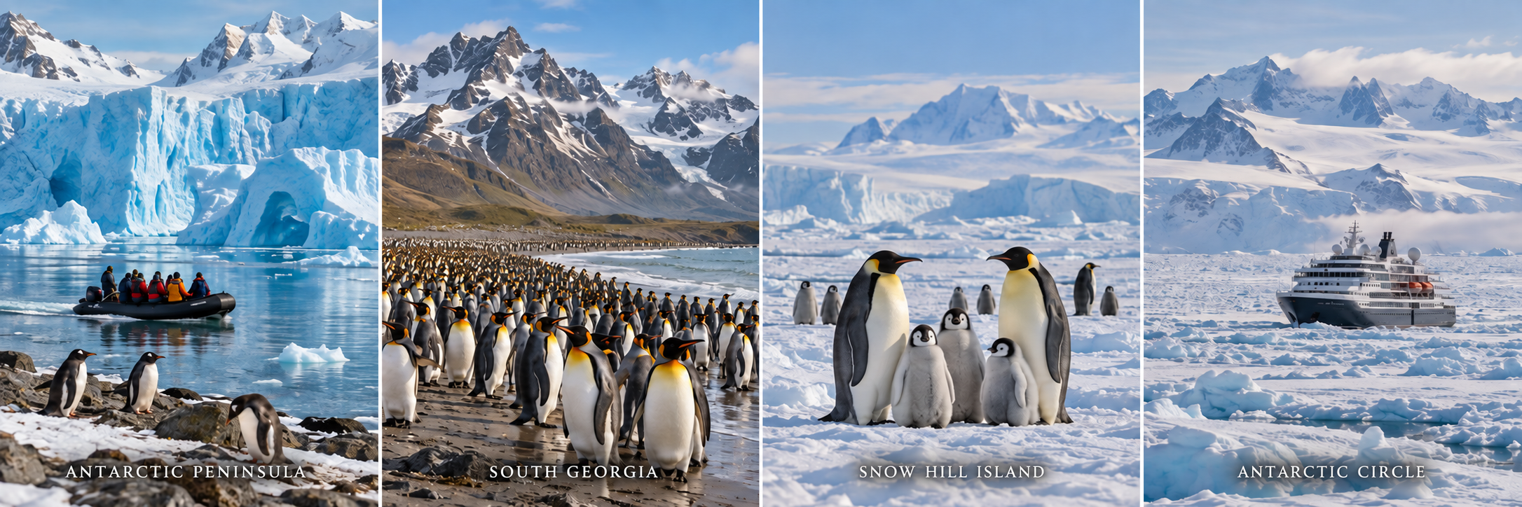 he Antarctic Peninsula, king penguins in South Georgia, emperor penguins at Snow Hill Island and an expedition ship crossing the Antarctic Circle.