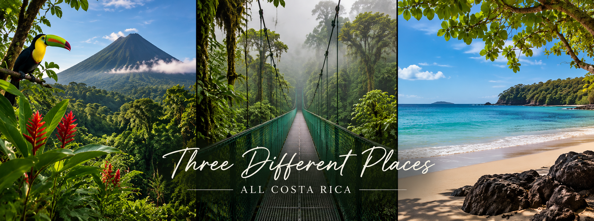 Arenal rainforest, Monteverde cloud forest and Pacific beach landscapes in Costa Rica