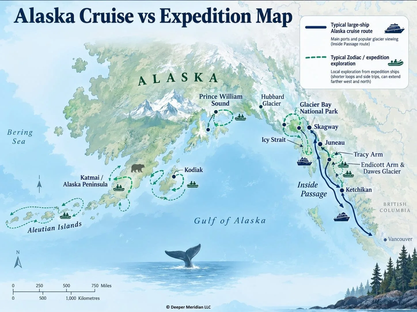 Map of Alaska comparing a typical large cruise route with a small-ship expedition route, highlighting Southeast Alaska, the Inside Passage, Glacier Bay, Katmai and key expedition areas with color-coded route lines.