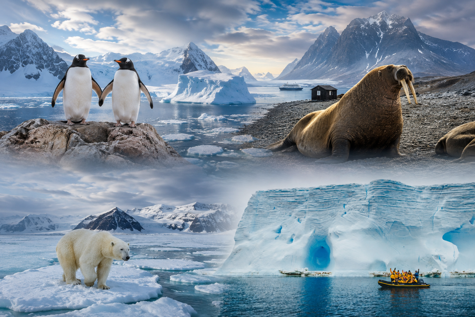 Antarctic penguins and glaciers and Arctic Polar Bears and Walruses