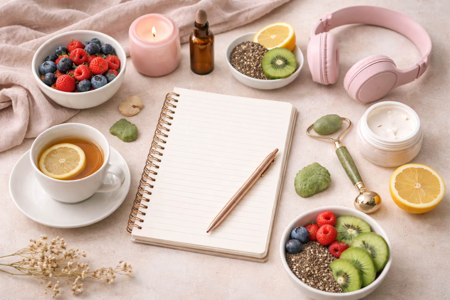 Flat lay of a workspace with bowls of fresh berries and kiwi, a cup of tea with lemon, skincare products, a notebook with a pen, pink headphones, and a jade roller on a soft pink surface.