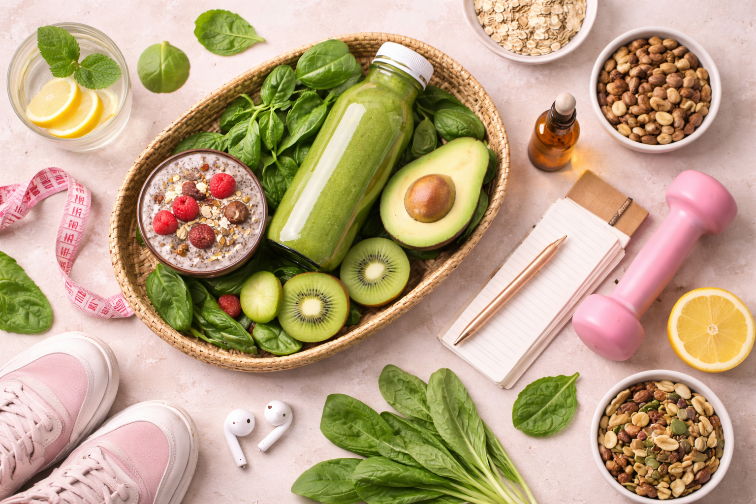 Healthy food items including an avocado, kiwi, spinach, oats, nuts, lemon, and a green smoothie, along with a notepad, pen, pink dumbbell, wireless earbuds, and a pink measuring tape, arranged on a light surface.
