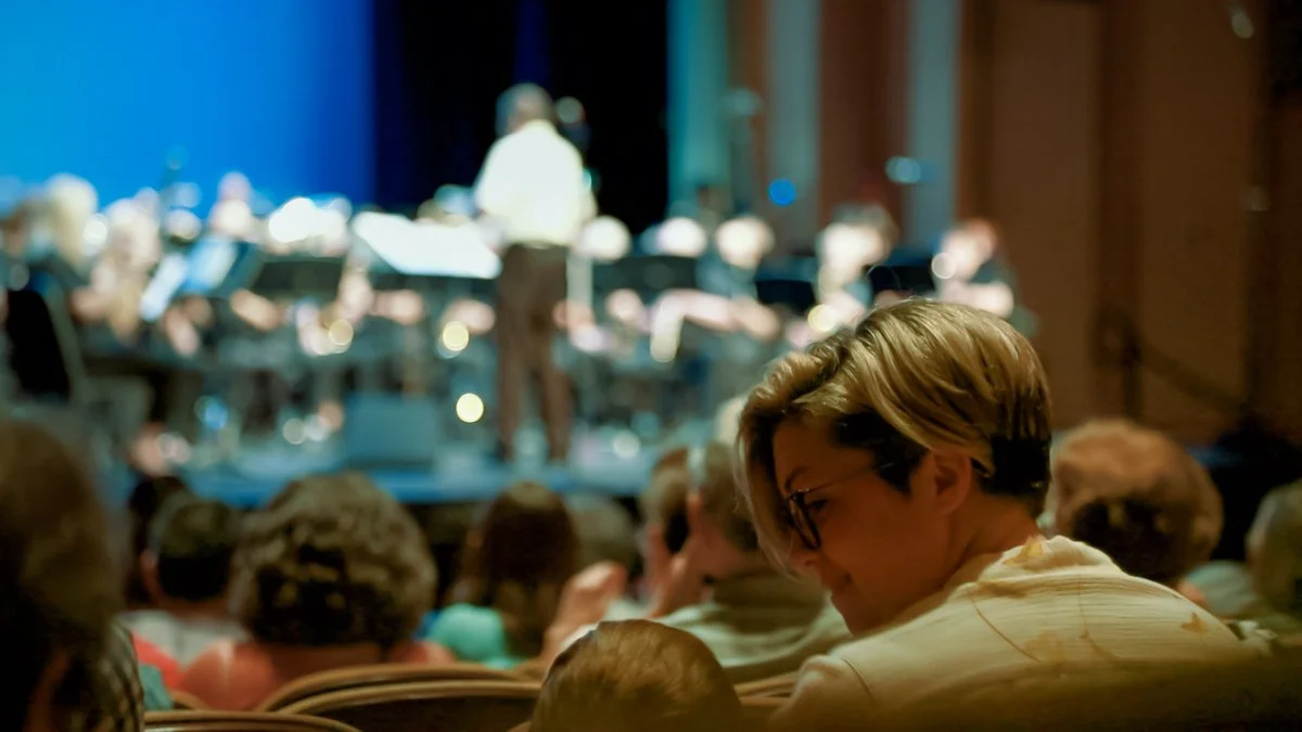 Audience watching an orchestra perform on stage in a concert hall.