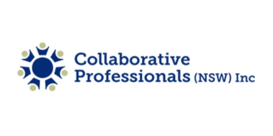 Logo for Collaborative Professionals (NSW) Inc featuring a blue gear with six figures around it and blue text.