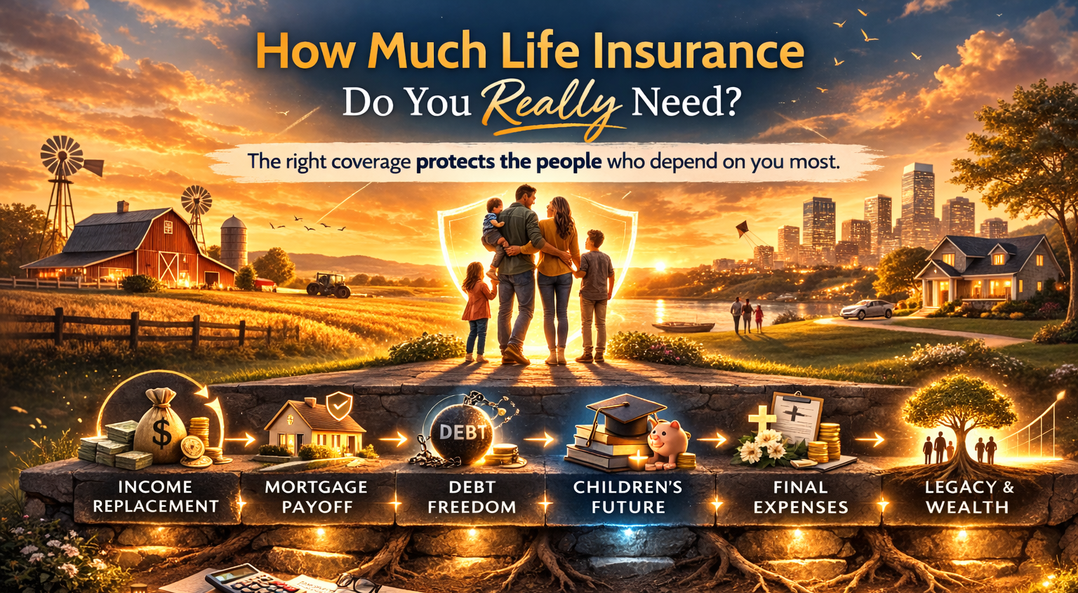 a young family in both rural farm and big city looking into the future with graphics for income replace, mortgage payoff, debt and freedom, children's future, final funeral expenses, legacy and wealth