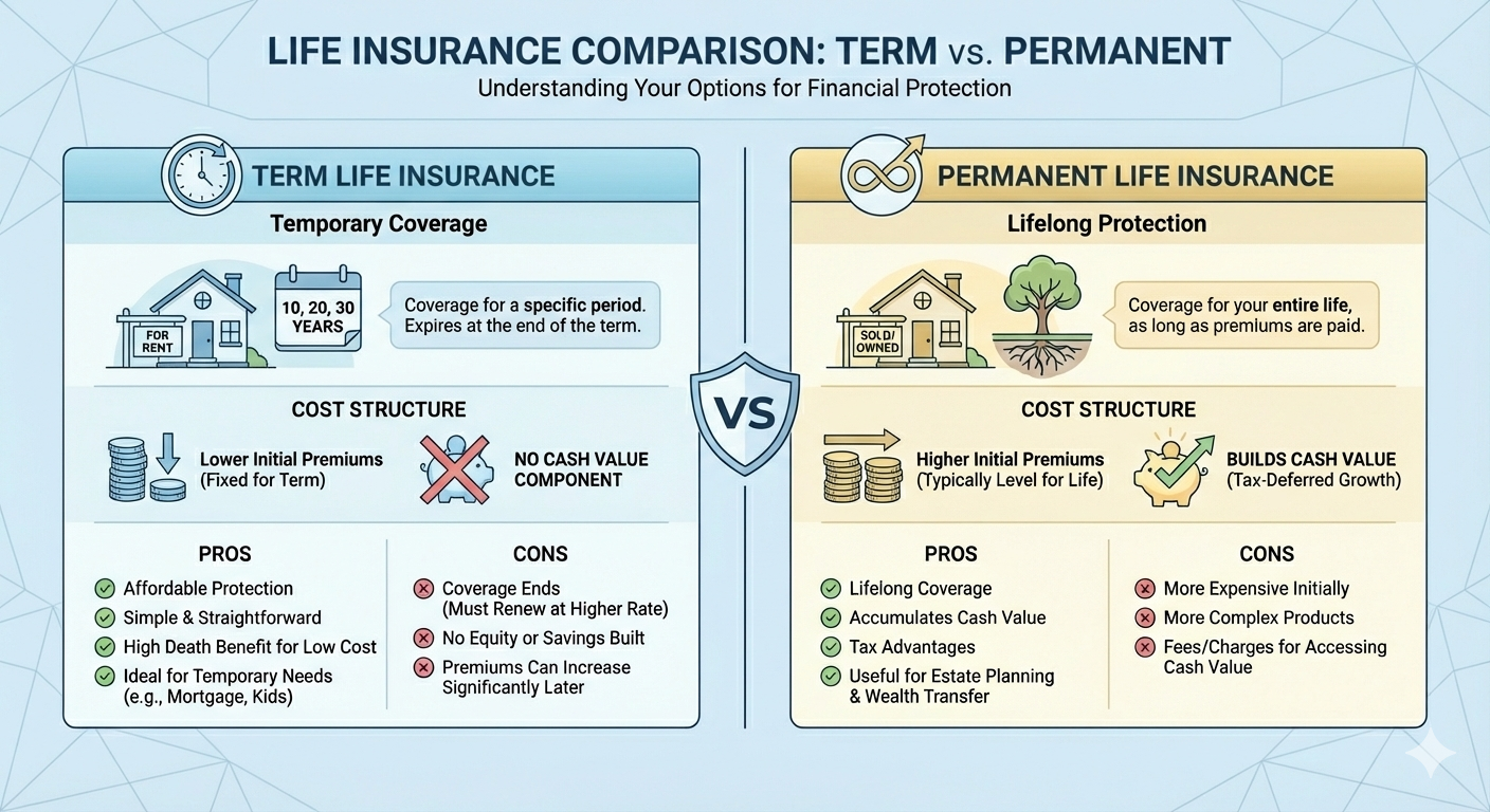 Two images describing Term Life Insurance VS Permanent Life Insurance