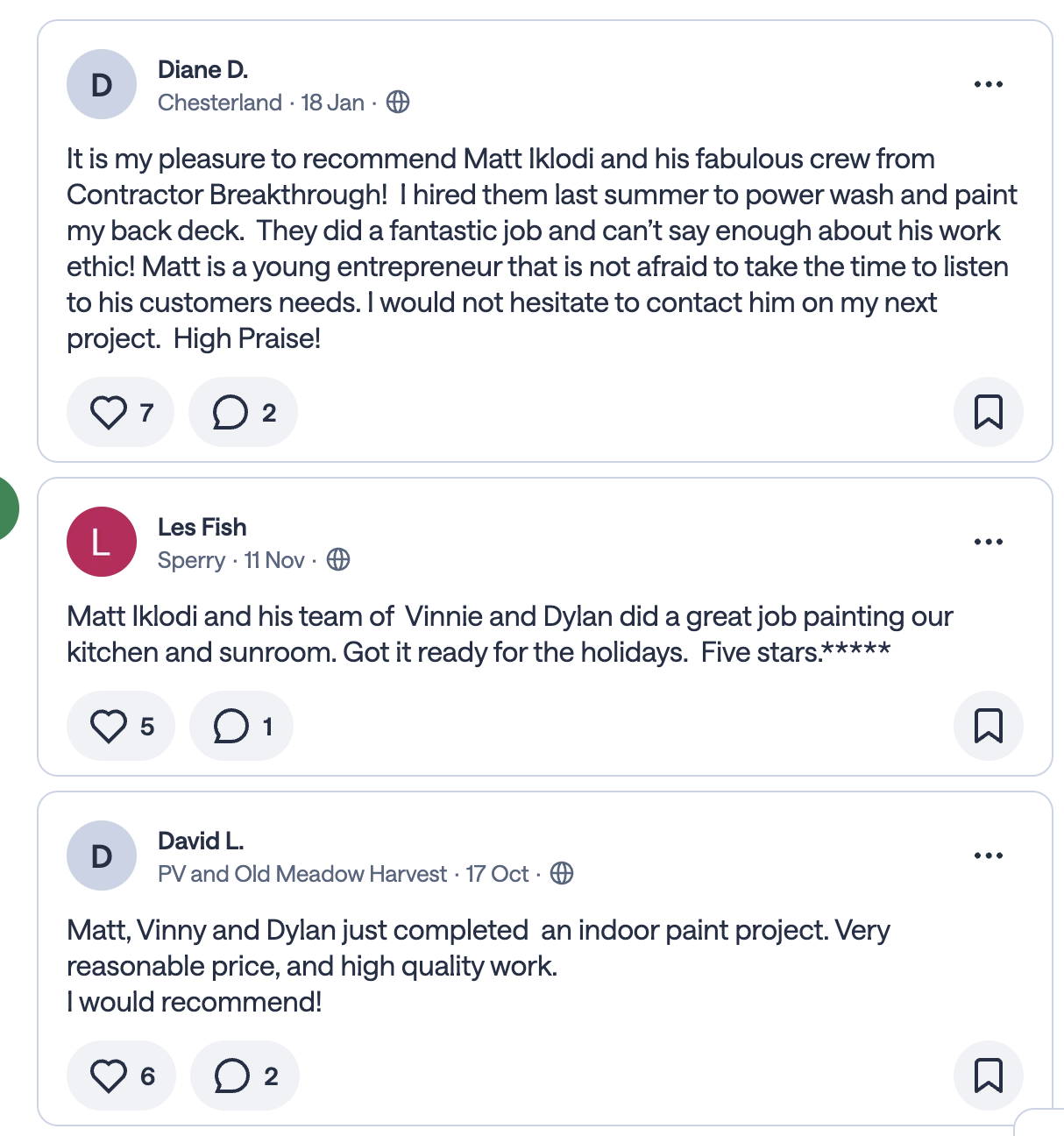 Screenshots of three customer reviews about Matt Iklodi and his team. The reviews mention work on painting and power washing, highlighting high-quality work and positive experiences.