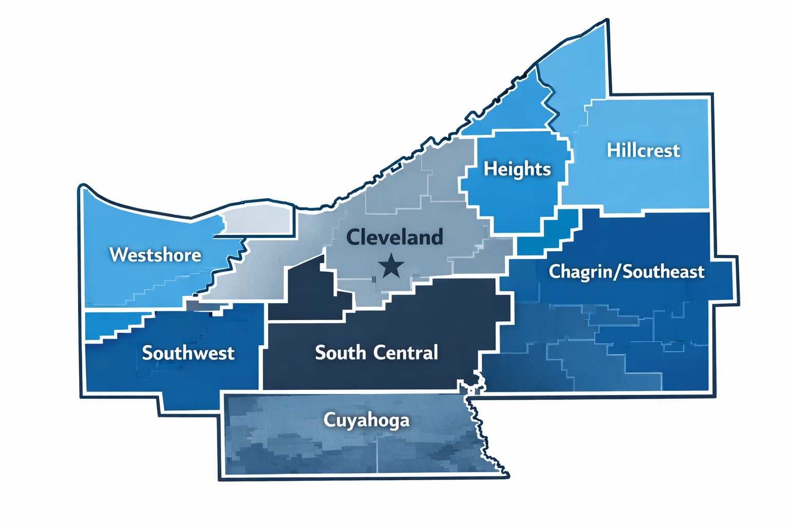 A map of Cleveland and surrounding neighborhoods in various shades of blue, labeled Westshore, Southwest, South Central, Cuyahoga, Heights, Hillcrest, Chagrin/Southeast, and Cleveland with a star marking Cleveland.