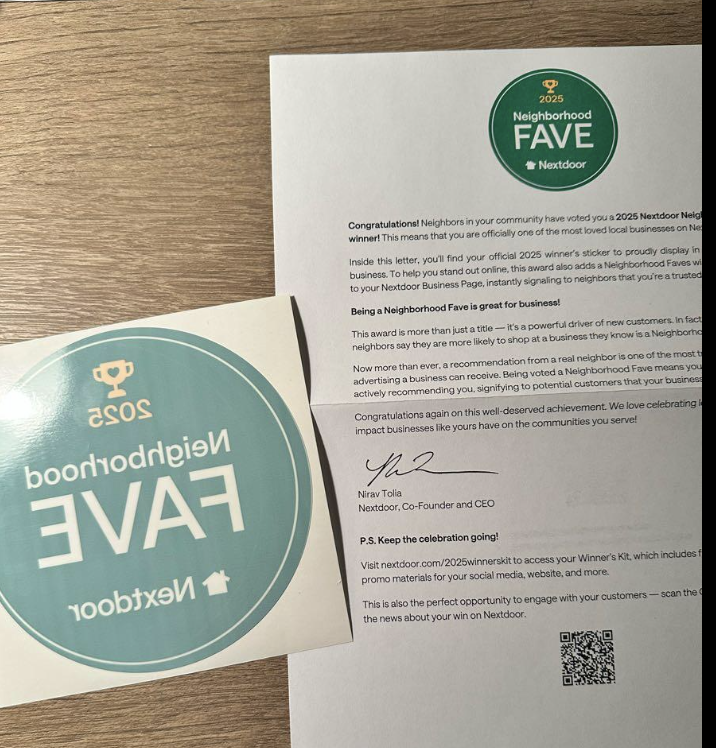 Letter confirming Nextdoor Neighborhood FAVE award for 2025, signed by Nirav Tolia, with a separate Nextdoor FAVE sticker.