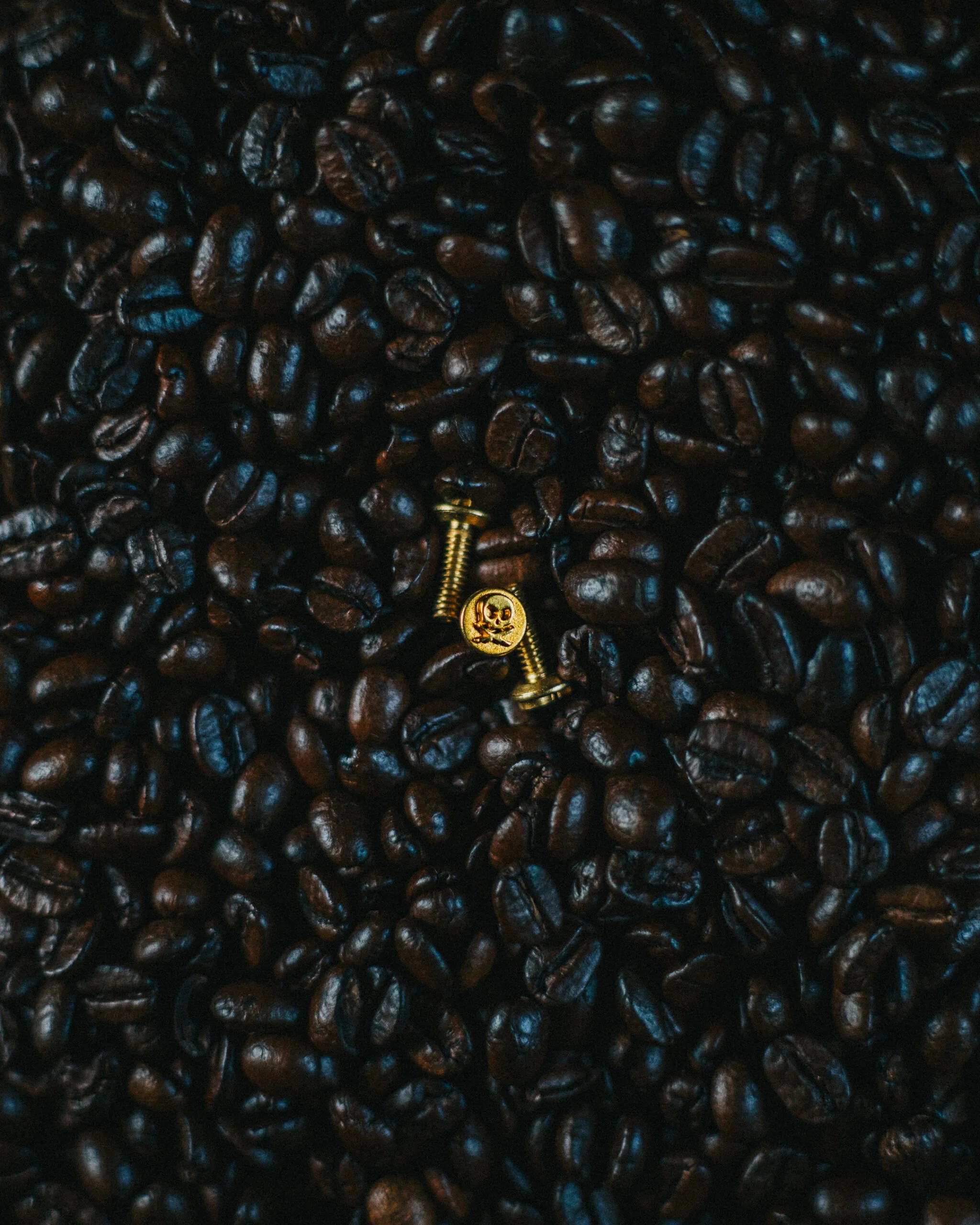 Close-up of dark roasted coffee beans with two small gold screws, one of which has a skull design.