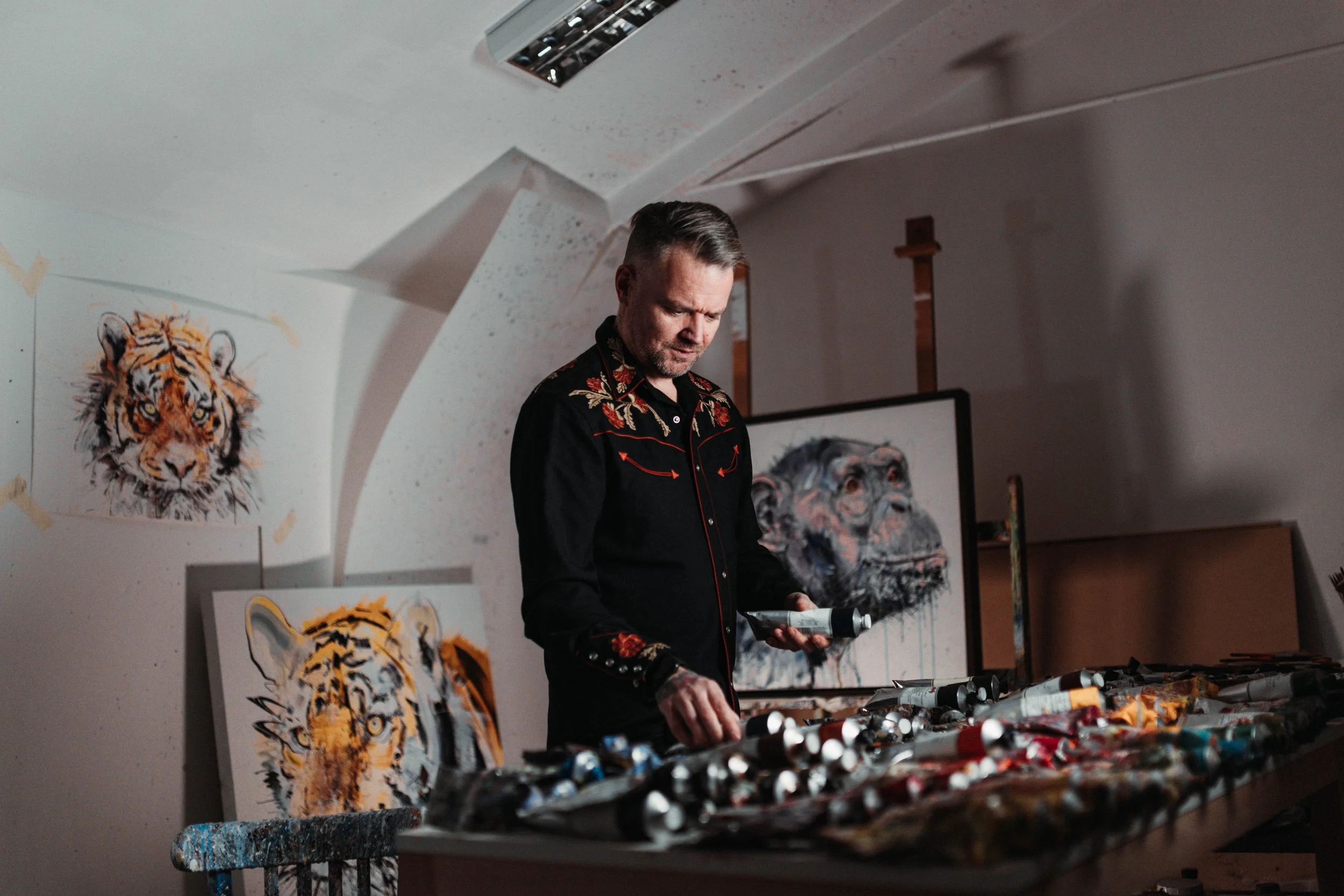 An artist in a black embroidered shirt looks at tubes of paint on a table in his art studio. Behind him are three paintings of a tiger, a chimpanzee, and a tiger.