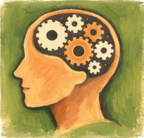 silhouette of a human head with gears inside representing thinking or mental processes.