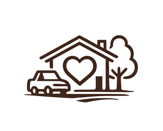Colored line drawing of a house with a heart in the center, a car parked outside, a tree, and a lamp post.