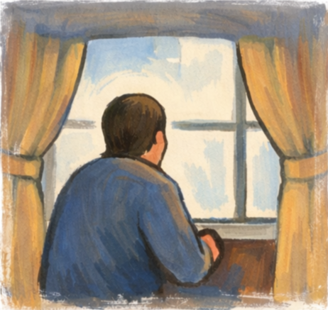 elderly man sits indoors looking out a window with a contemplative or sad expression.