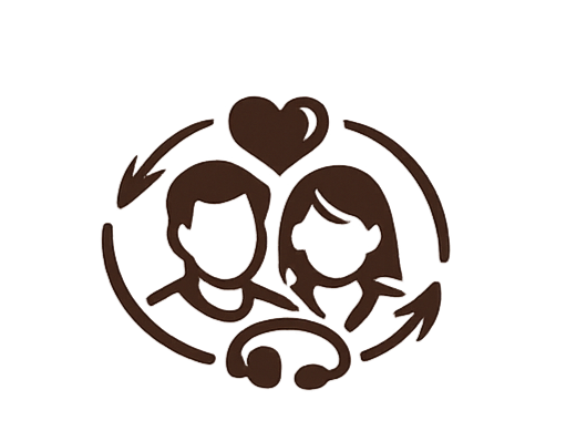 Line drawing of a man and woman with a heart above them, surrounded by circular arrows.