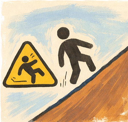 AI generated elderly man with gray hair wearing a brown jacket, blue shirt, beige pants, and brown shoes balancing on rocks, with a yellow triangular warning sign with an exclamation mark nearby.