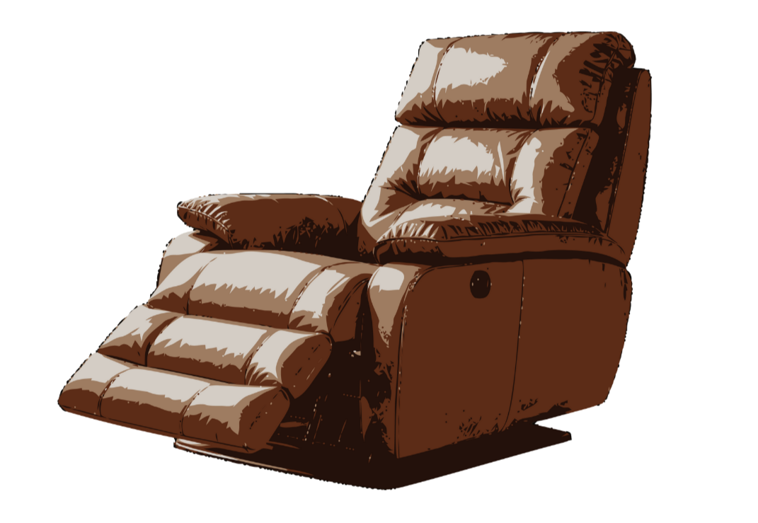 Brown leather recliner chair with padded armrests and backrest, extended footrest