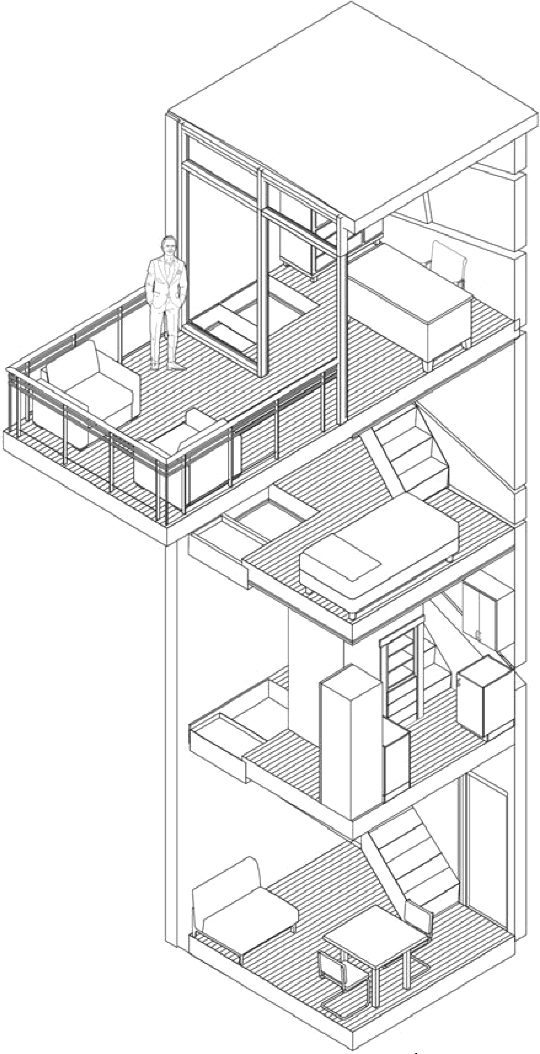Isometric blueprint of a multi-story tiny house with furniture, stairs, and a person standing on the top deck.