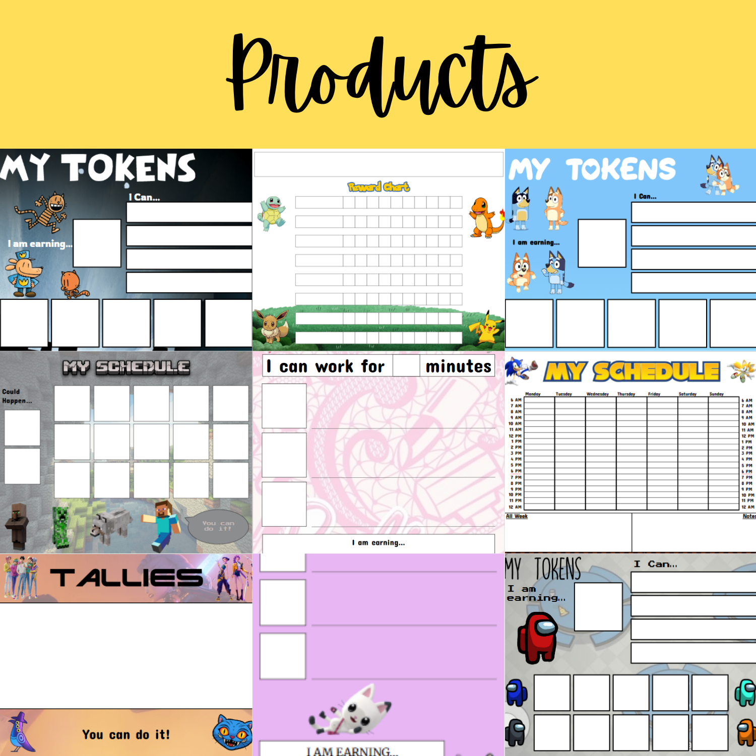 A collage of colorful printable charts and trackers for children, including token charts, schedule planners, and achievement charts with cartoon characters and playful designs.