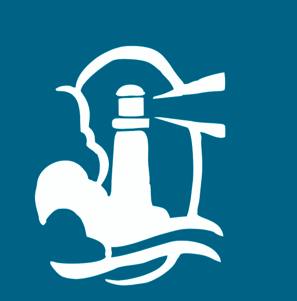 A stylized white lighthouse with waves and a boat on a dark blue background.