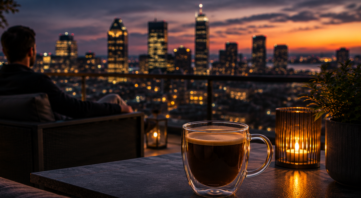 Vue d'une terrasse en soirée avec une ville illuminée en arrière-plan, une personne assise détendue, une tasse de café ou thé, une bougie dans un photophore et une plante en pot sur la table.
