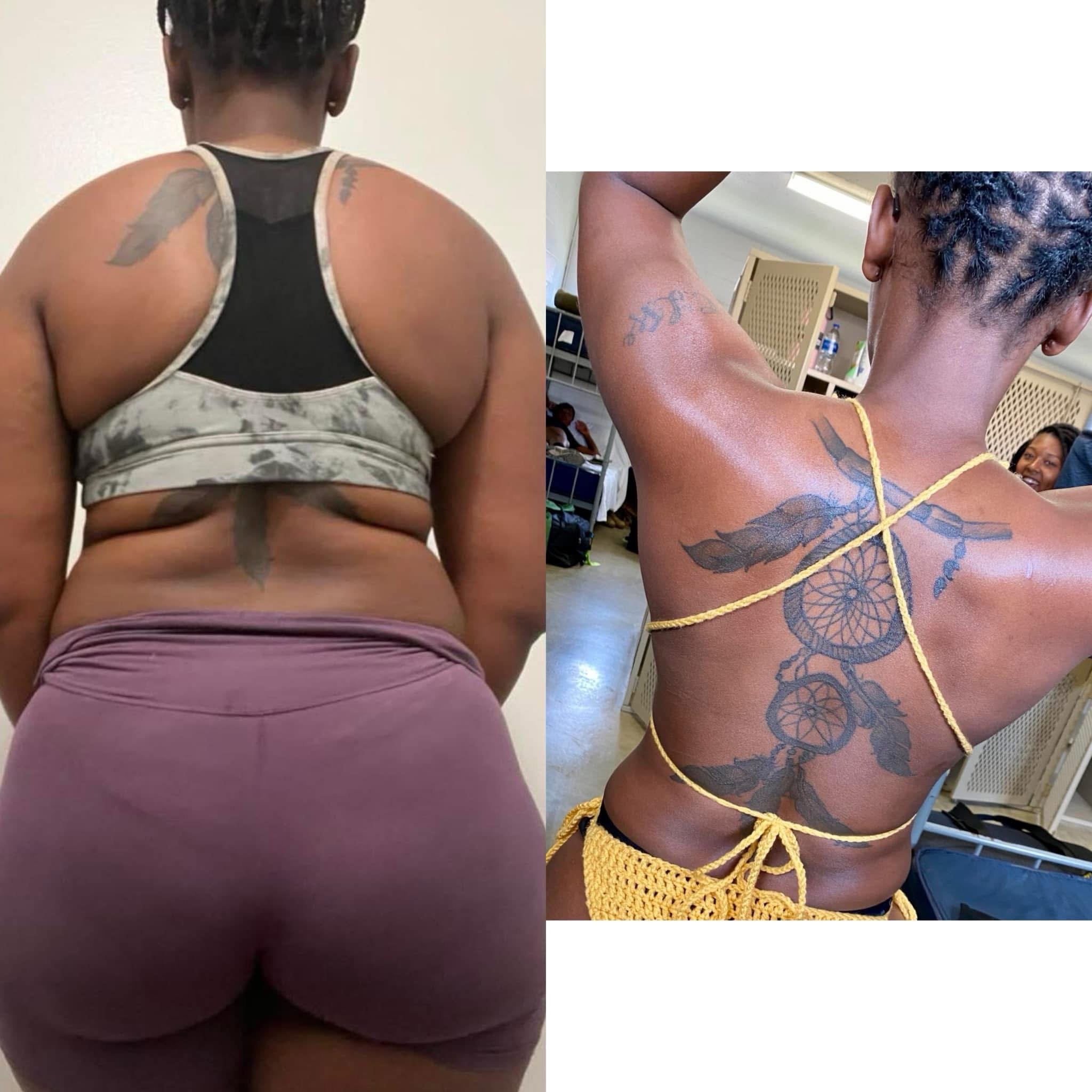 Side-by-side pictures of a woman with tattoos. The left image shows her back, wearing a gray sports bra and purple shorts, with tattoos on her shoulders and lower back. The right image shows her from the back, wearing a yellow bikini with a dream cat