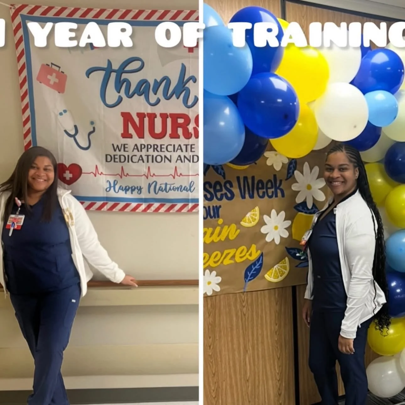 Side-by-side images of smiling women in medical scrubs and white jackets standing in front of decorated banners celebrating nurses' Week, with balloons and themed signs.