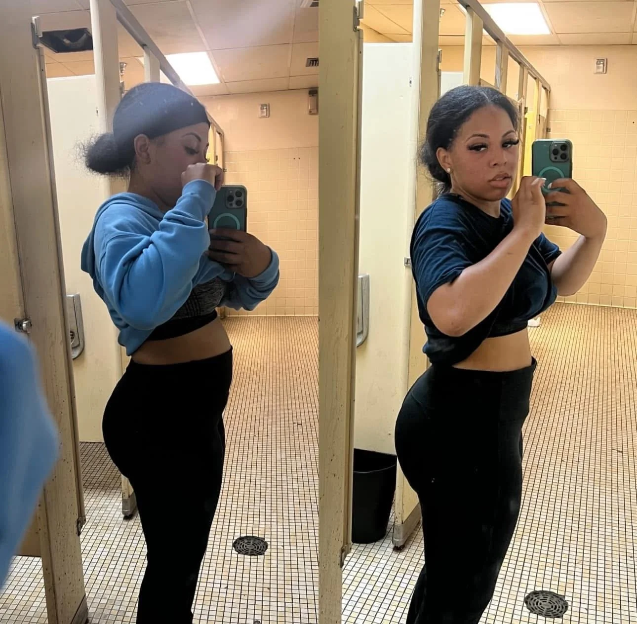 Mirror selfies of a woman with dark hair in buns, wearing a cropped hoodie and high-waisted black leggings, in a restroom with beige tiles and stalls.