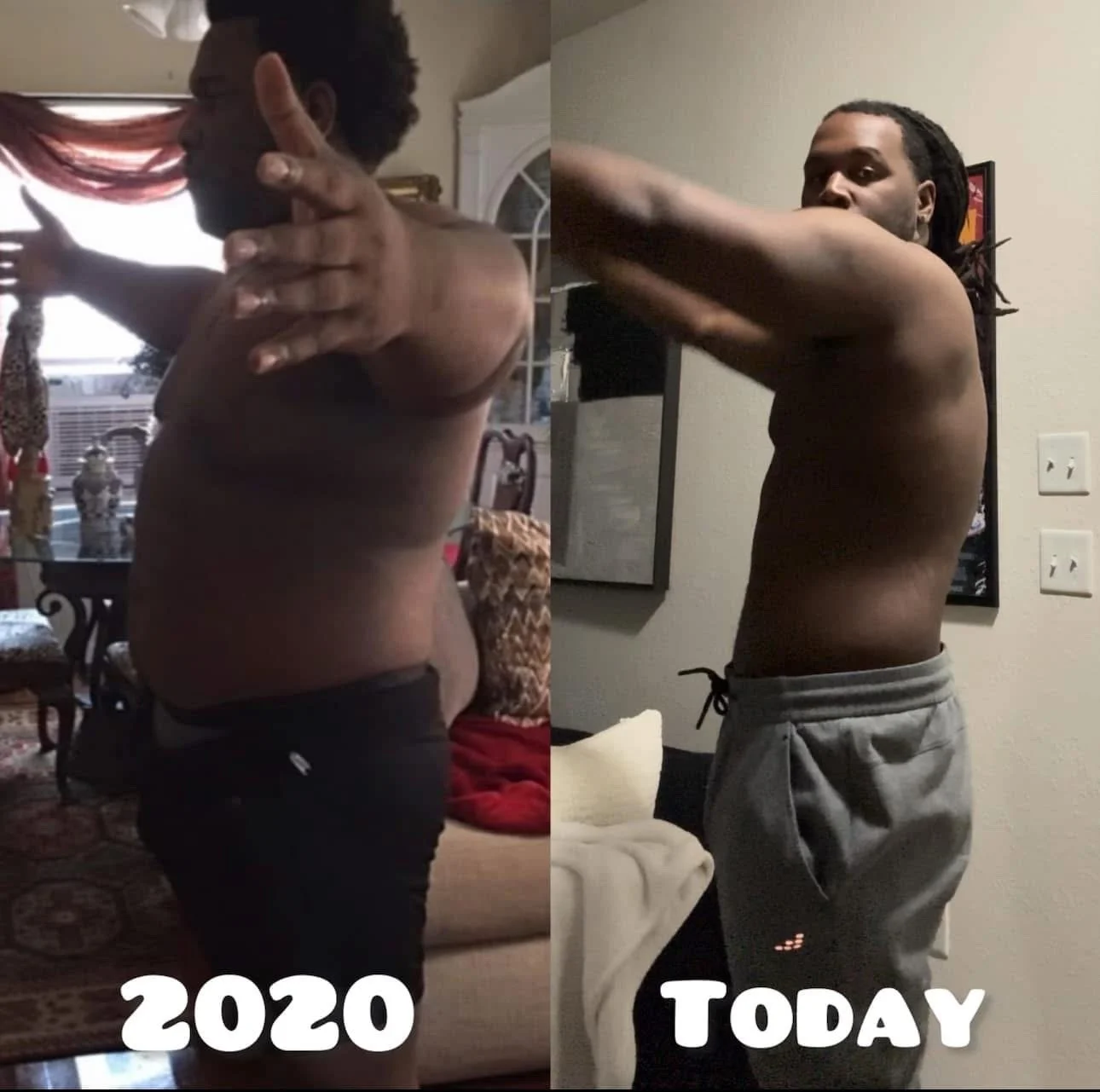 Side-by-side comparison of a man showing weight loss progress from 2020 to today. In both images, he is shirtless and facing sideways, with the left image labeled '2020' and the right image labeled 'Today.'