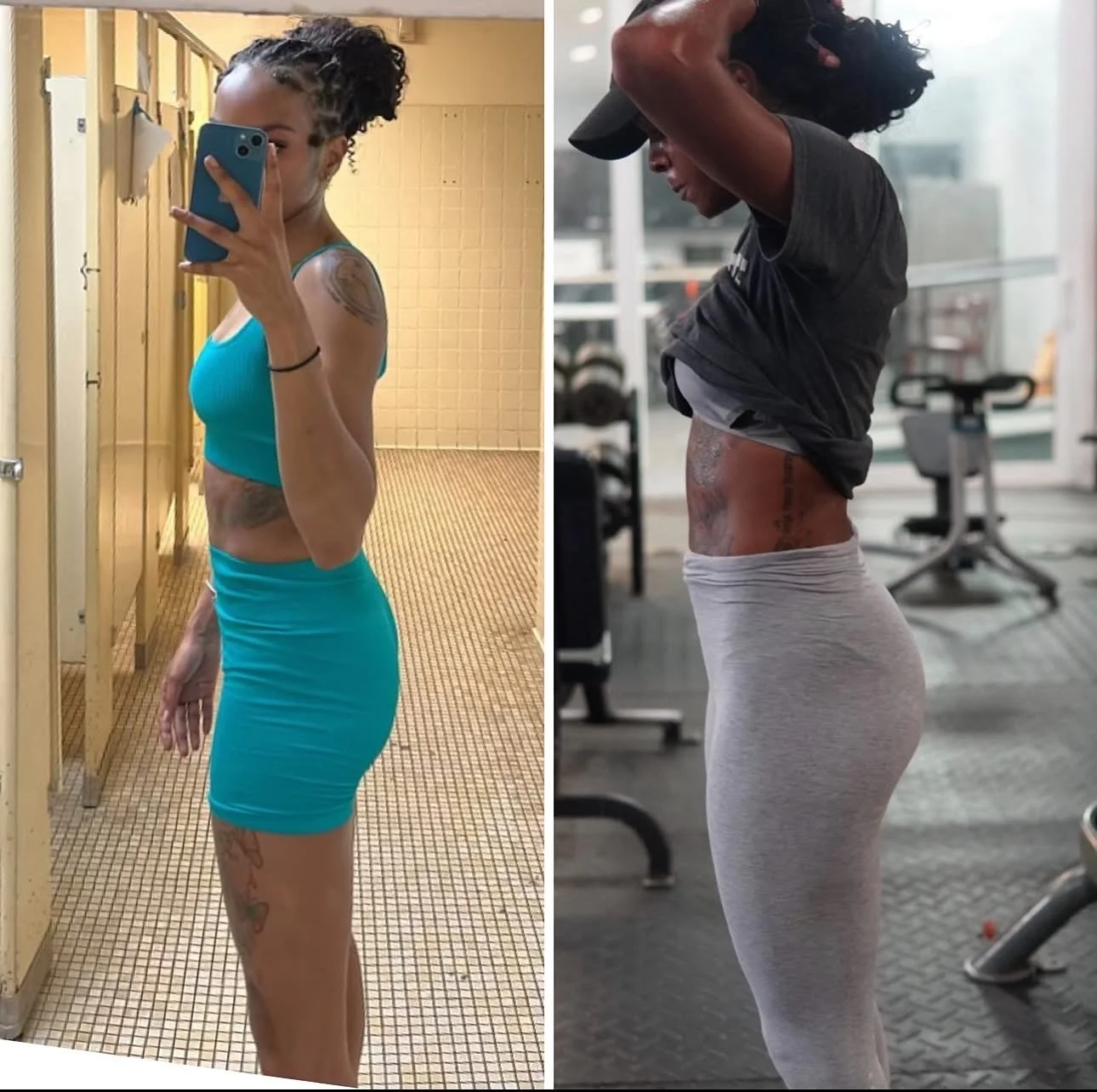 Side-by-side photos of a woman showing her body transformation. On the left, she is in a gym locker room wearing a teal sports bra and matching shorts, taking a mirror selfie. On the right, she is in a gym wearing a black t-shirt and light gray leggi