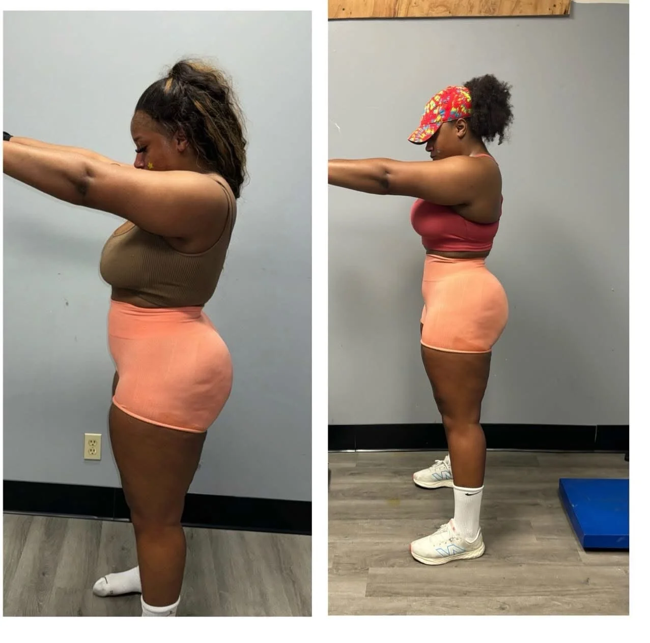 Side-by-side comparison of a woman before and after fitness progress, wearing workout clothes and stretching in a gym or studio setting.