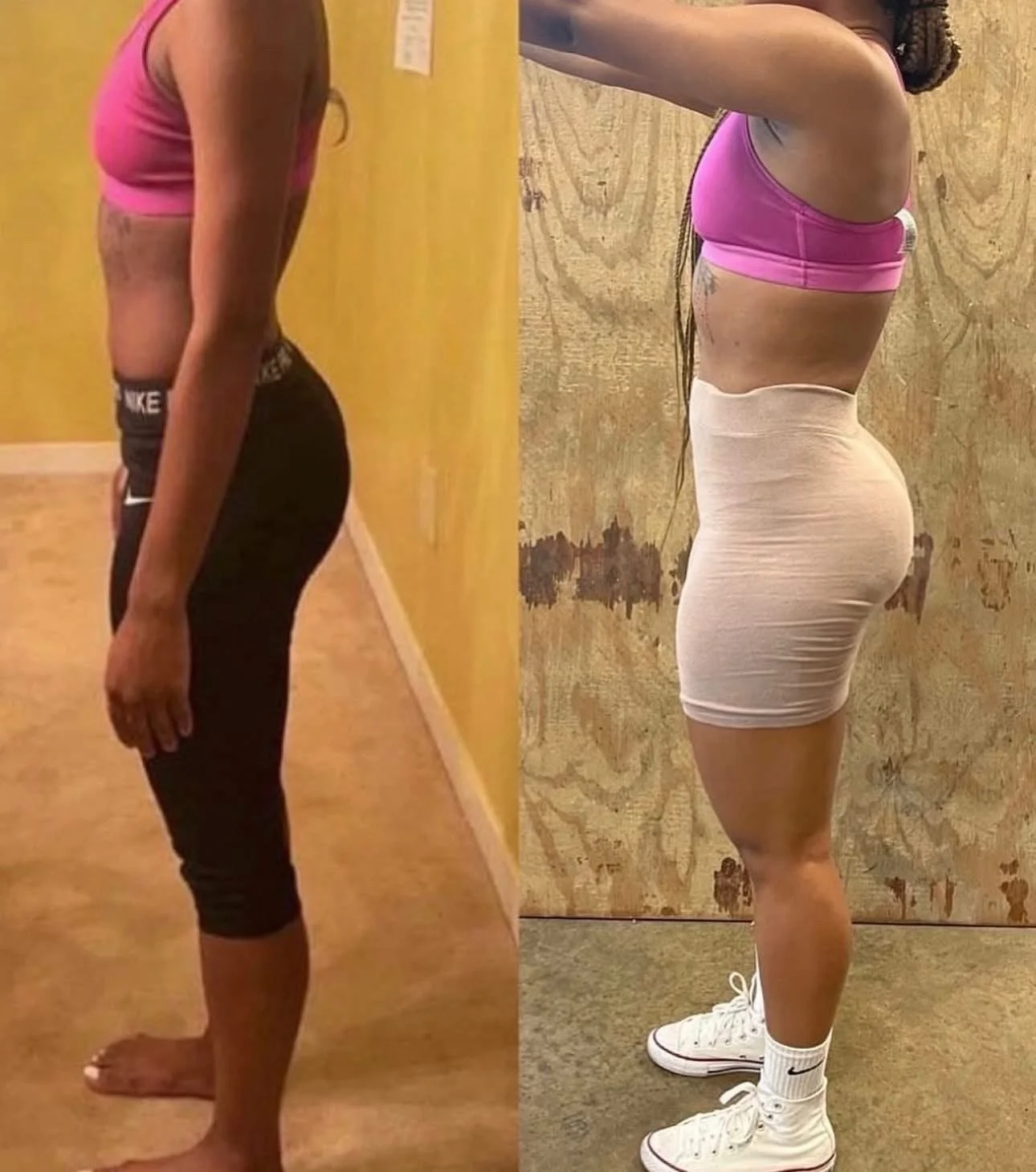 Side-by-side comparison of a woman before and after fitness transformation, wearing workout clothes.