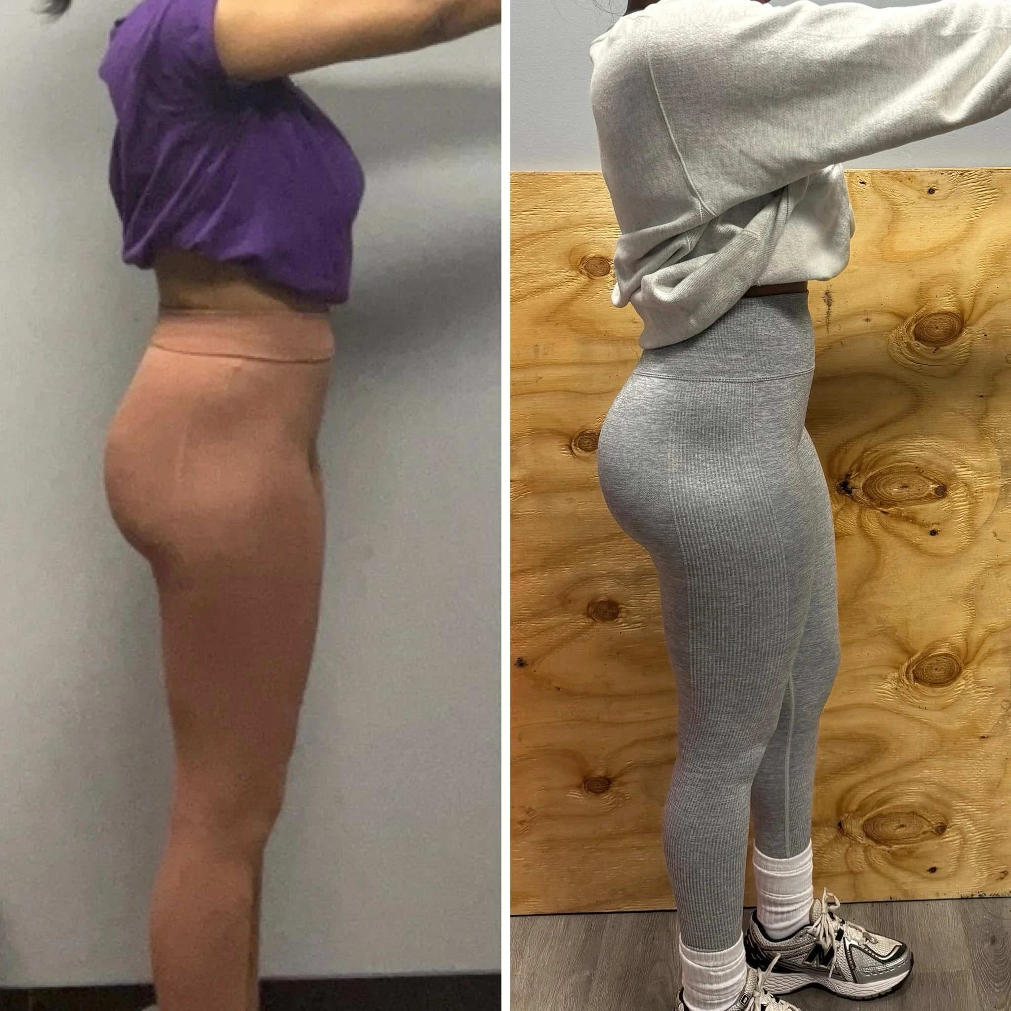 Side-by-side photos of a woman demonstrating physical transformation. The left photo shows her in a purple top and nude leggings, appearing with a less-toned figure. The right photo shows her in gray leggings and a gray sweatshirt, with a more toned,