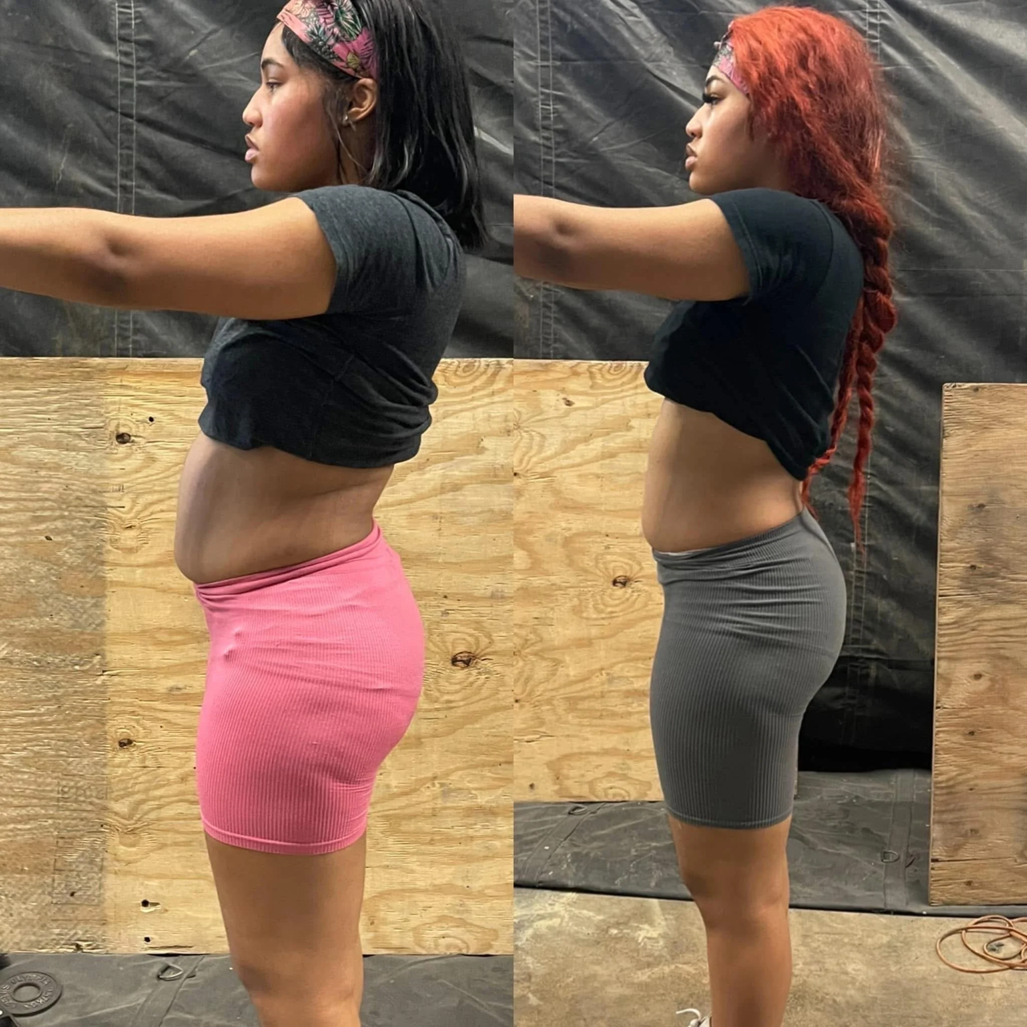 Side-by-side comparison of a woman before and after workout, showing improved posture and toned abdomen, wearing black crop top, pink shorts in the first image, and gray shorts in the second, with a black background and wooden panels.