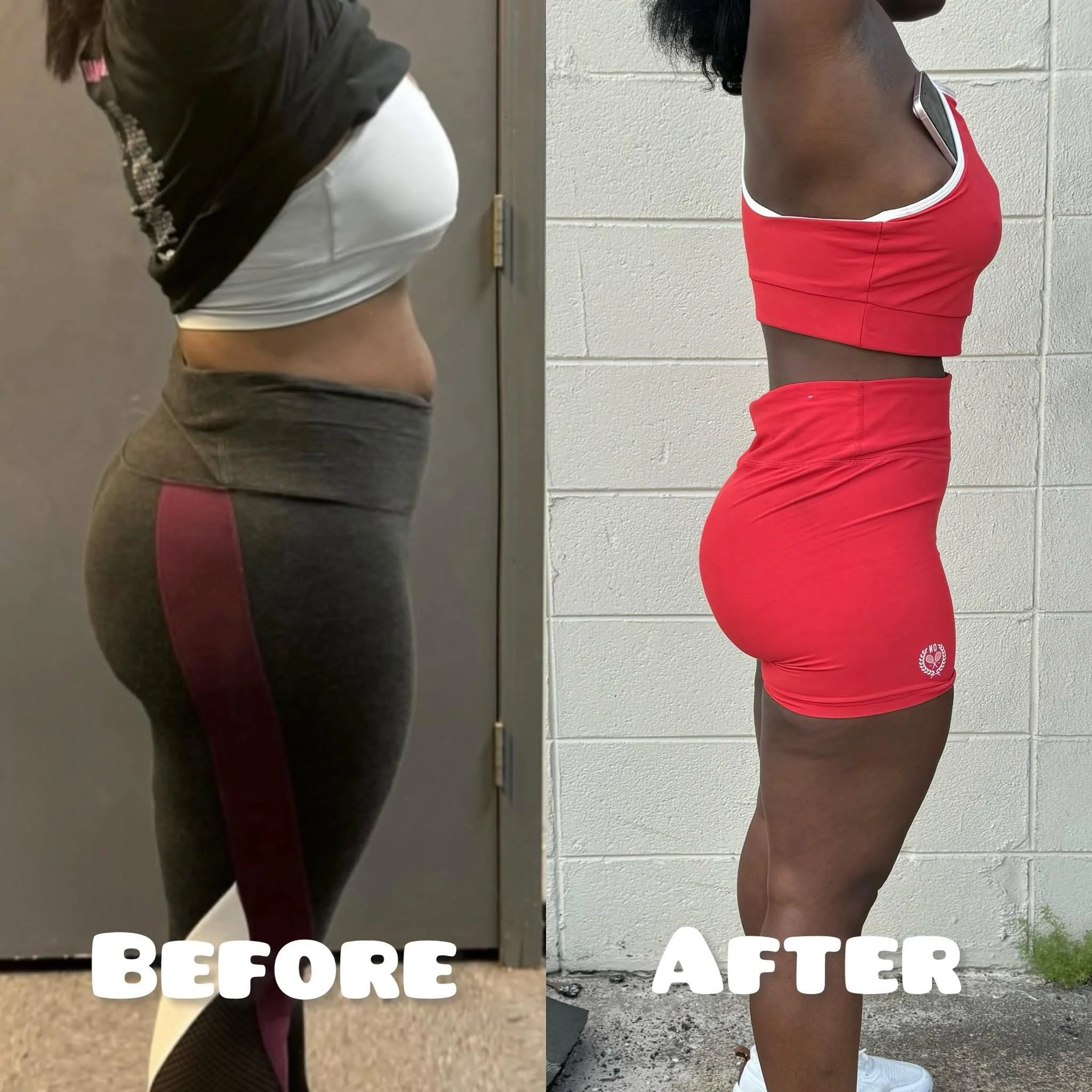 Side-by-side comparison of a woman before and after fitness transformation, showing a reduction in waist size and more defined body shape. The 'before' photo shows her in dark athletic leggings and a crop top, while the 'after' photo shows her in a r