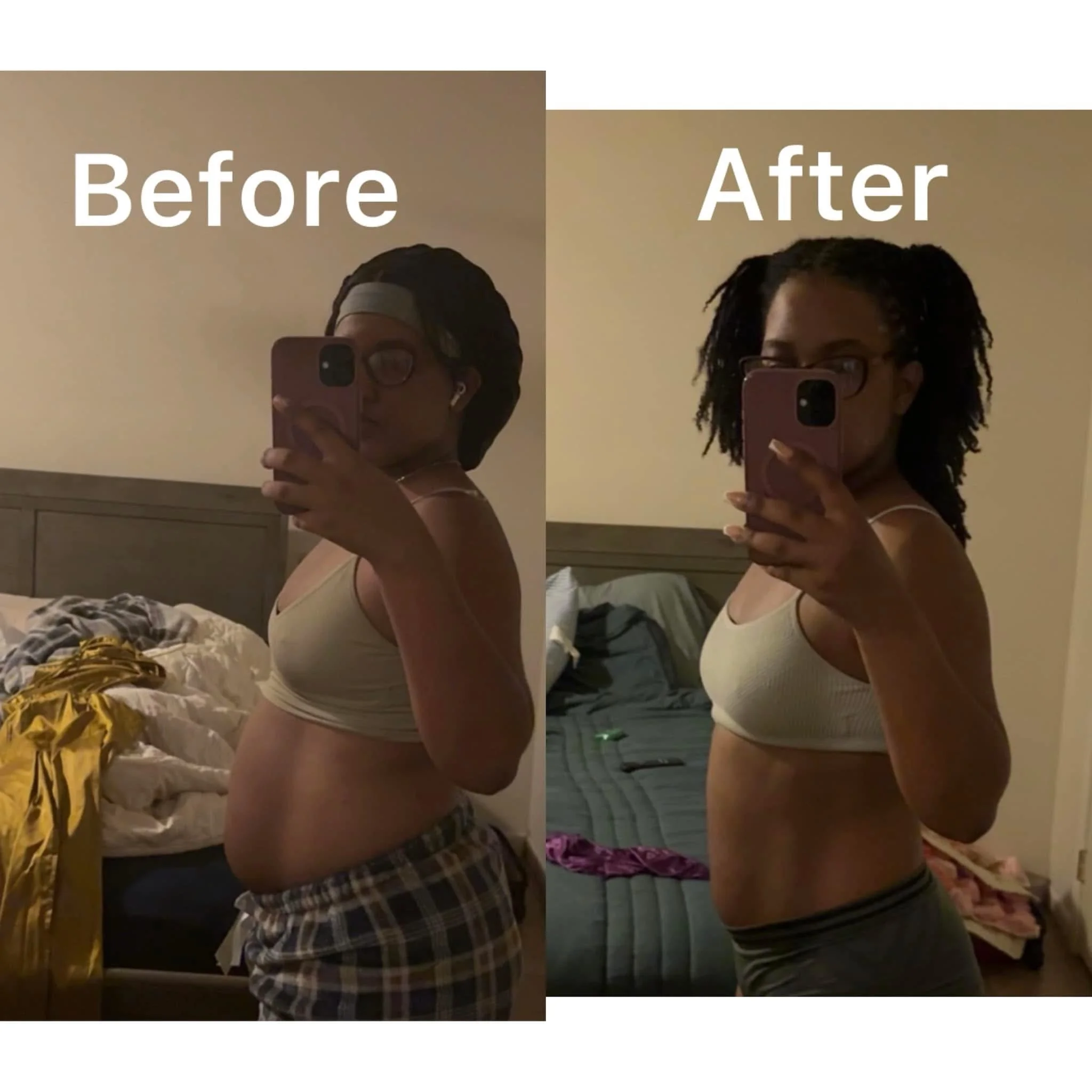 Side-by-side comparison of a woman taking mirror selfies before and after a weight loss or fitness transformation. The 'Before' image shows her with a fuller midsection and wearing plaid shorts, while the 'After' image shows her with a slimmer waist,