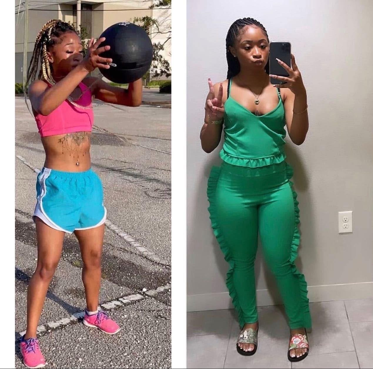 Side-by-side comparison of a woman, before and after weight loss. On the left, she is outdoors wearing a pink sports bra, blue shorts, and pink sneakers, holding a black exercise ball. On the right, she is indoors wearing a green matching top and pan