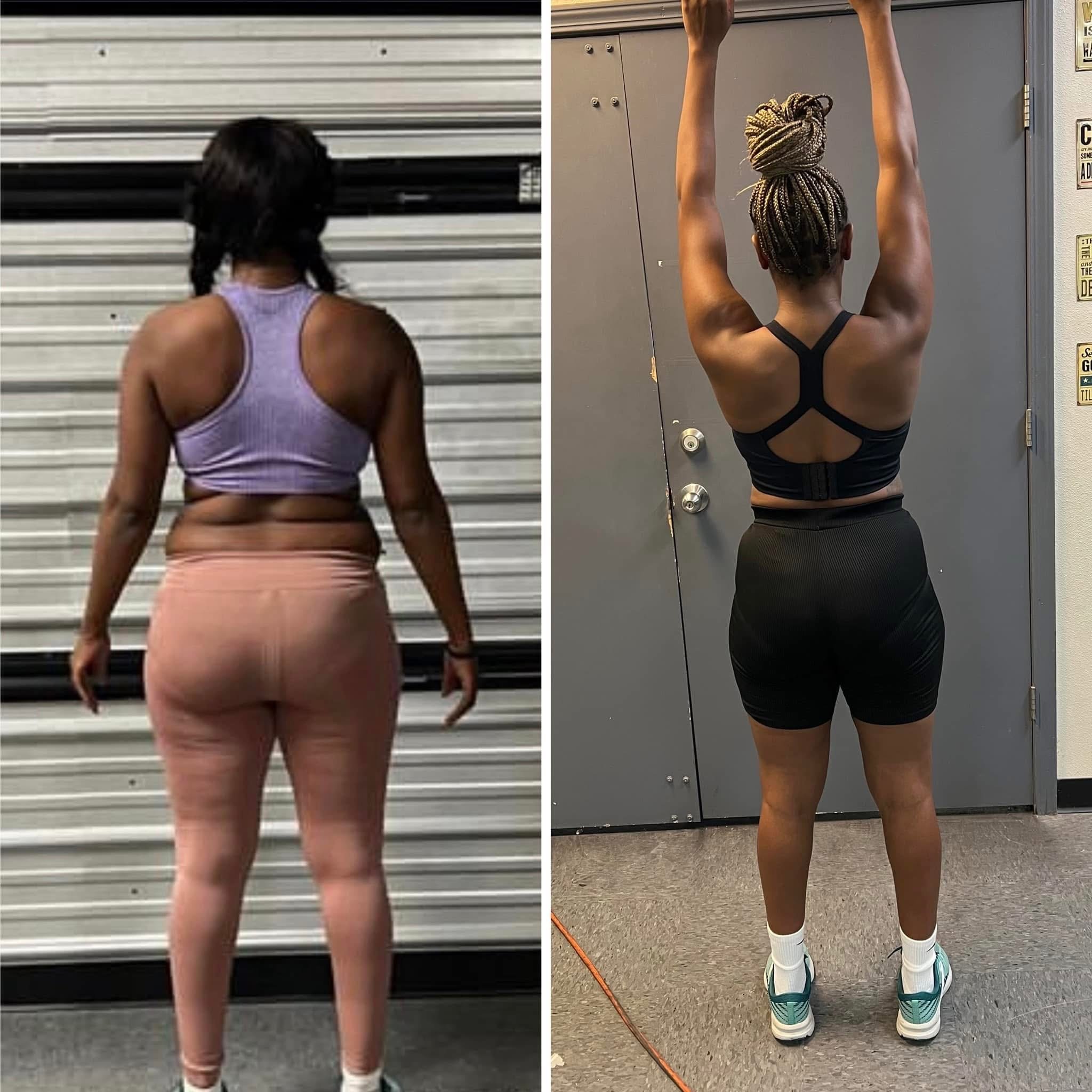 Side-by-side comparison of a woman seen from behind. On the left, she is wearing a purple sports top and peach-colored leggings; on the right, she is in black sportswear and sneakers, with her hair styled in a bun.